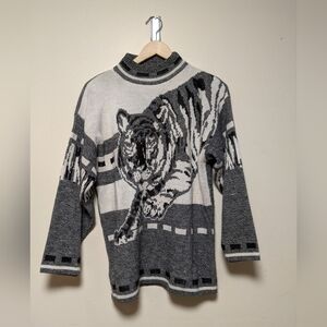 Vintage 90s Tiger Sweater by Variations – Black & White Knit Pullover – Size M